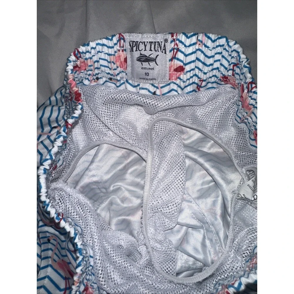 Spicy Tuna Boys 10 All Over Flamingo Swim Trunks Light‎ Blue Drawstring